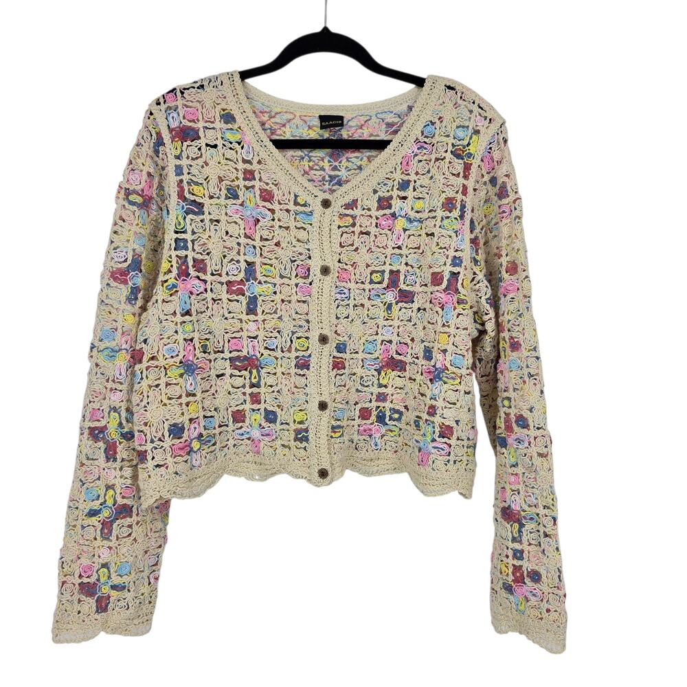 NWOT Saachi Cream & Pastel Multicolor Delicate Floral Crochet Cardigan Size M/L
